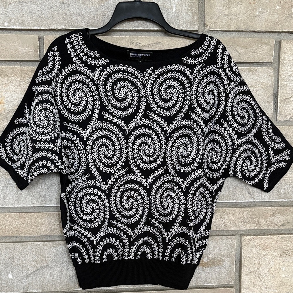 Jones New York Black Top with White Embroidered Spiral Accents